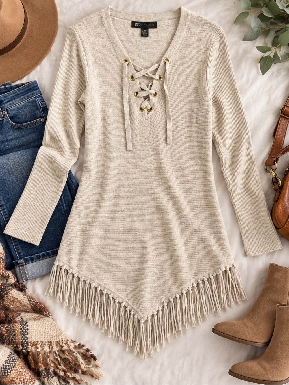INC International Concepts Cream Lace-Up Fringe Knit Tunic Sweater – Size Medium